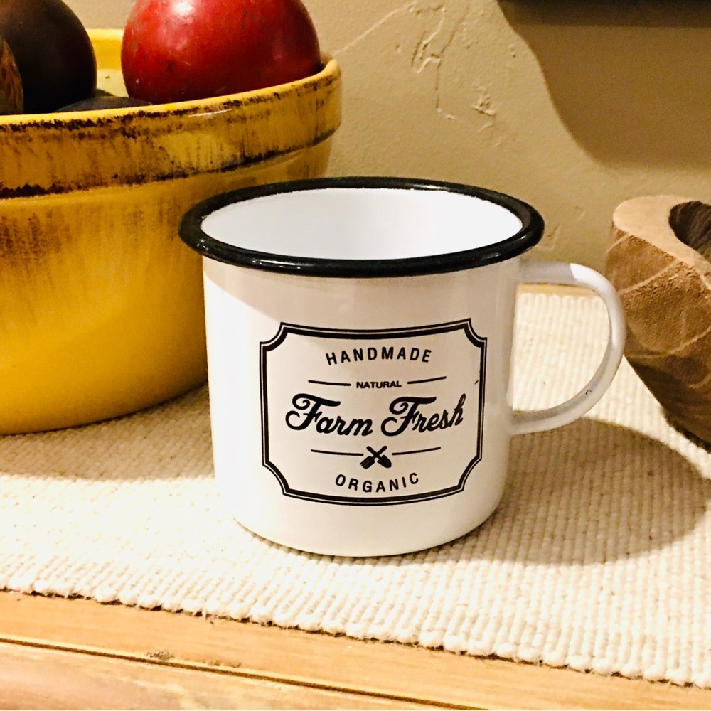 Farm fresh metal white camping mug cup coffee kitchen farmhouse cottage